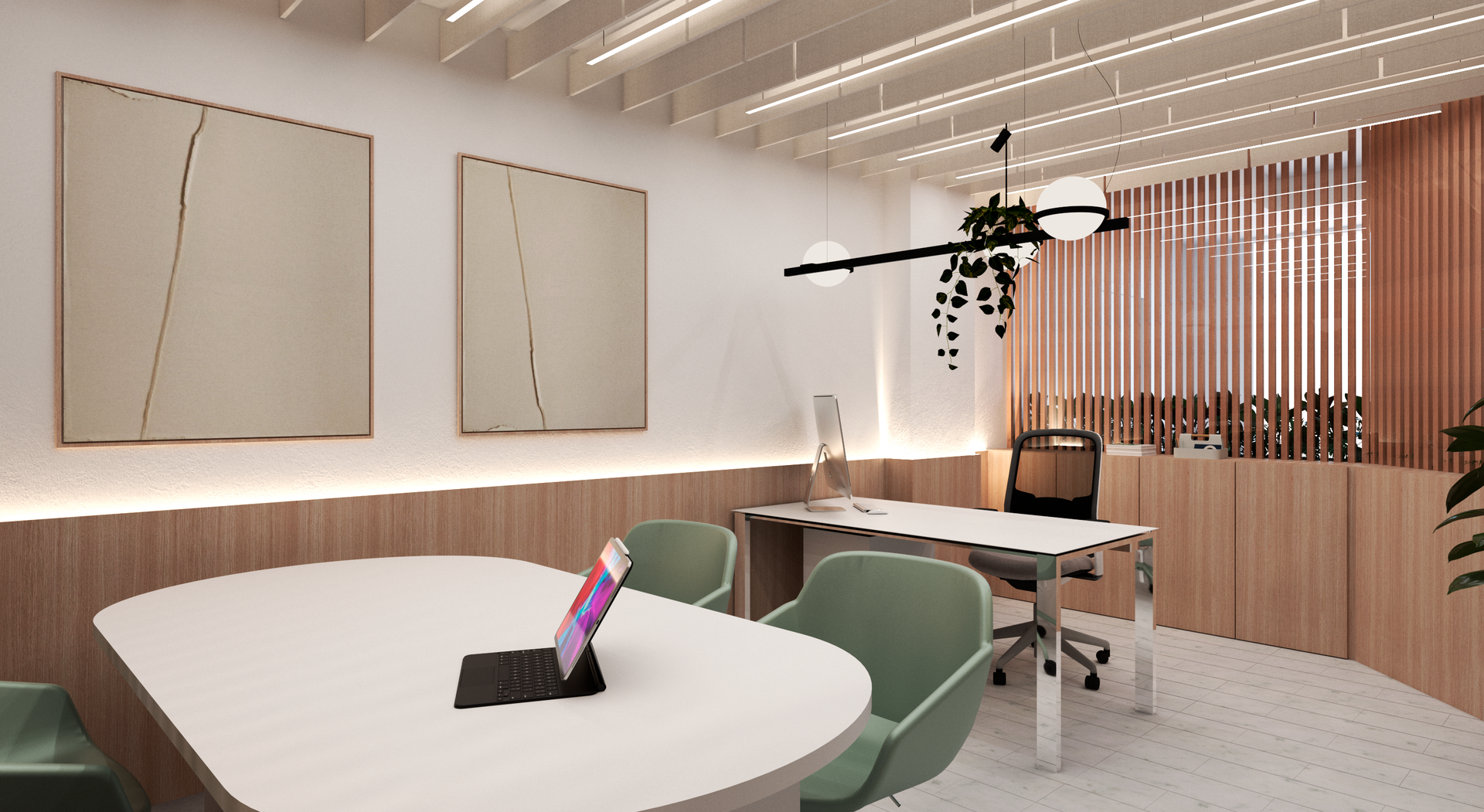 Renderizado de la sala de reuniones acristalada